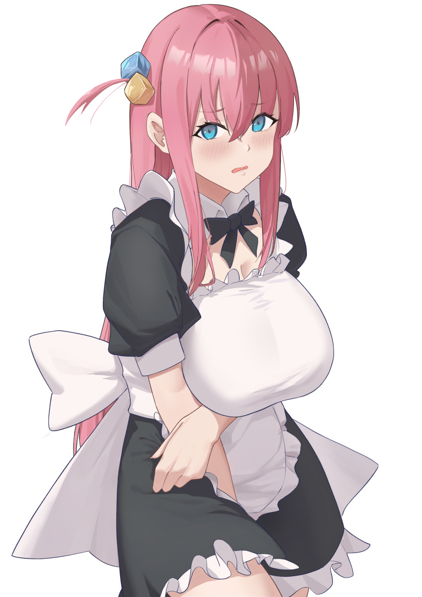 1girl absurdres apron black_bow black_bowtie black_dress blue_eyes blush bocchi_the_rock! bow bowtie boyin breasts covering_crotch covering_privates cube_hair_ornament dress gotoh_hitori groin hair_between_eyes hair_ornament highres large_breasts long_hair looking_at_viewer maid maid_apron one_side_up open_mouth pink_hair short_sleeves simple_background solo thighs white_apron white_background