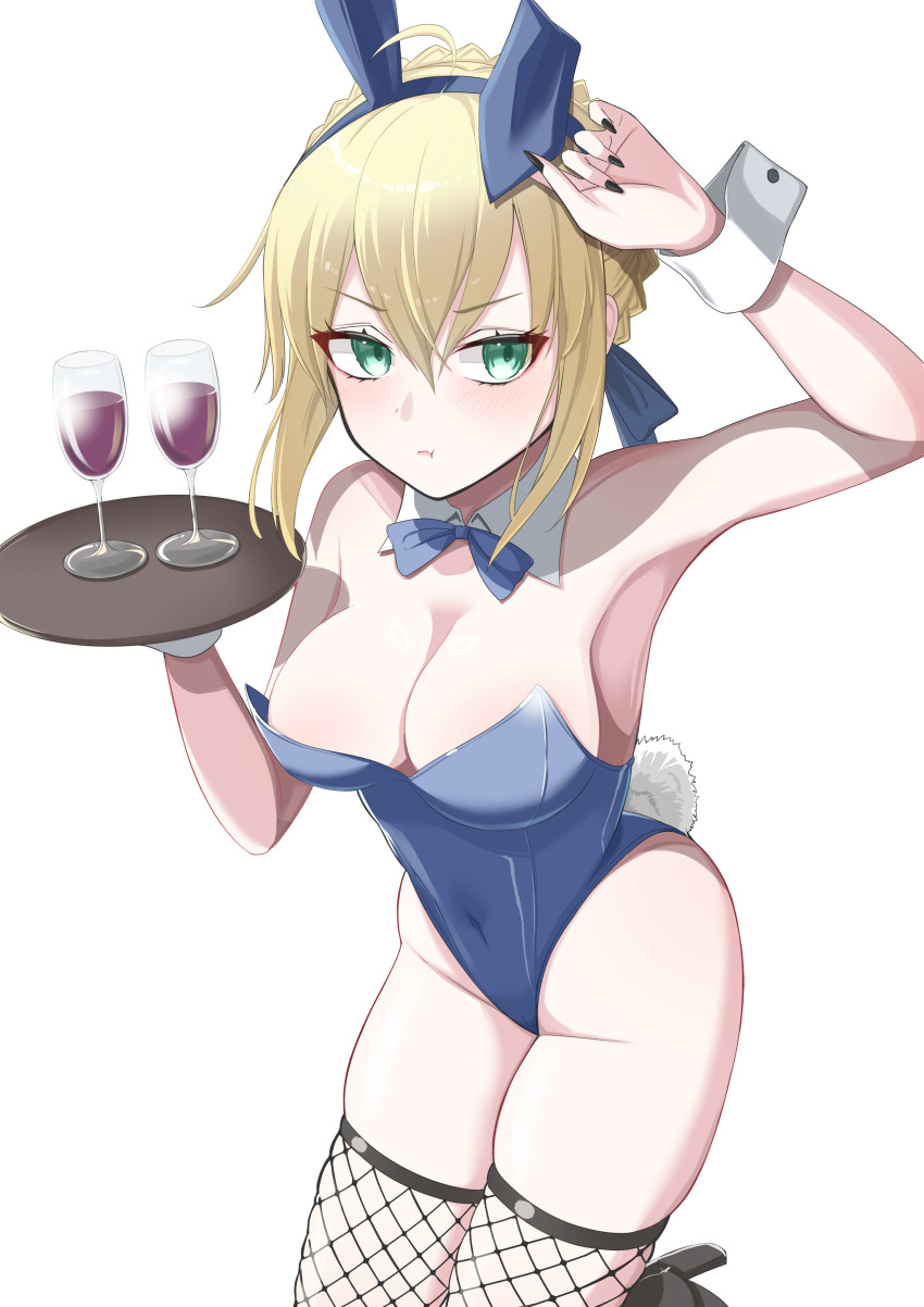 1girl absurdres ahoge animal_ears artoria_pendragon_(fate) bare_shoulders blonde_hair blue_leotard blush bow bowtie breasts cleavage covered_navel detached_collar fake_animal_ears fake_tail fate/stay_night fate_(series) fishnets green_eyes highleg highleg_leotard highres leotard looking_at_viewer medium_breasts medium_hair nigori_(keydoor) playboy_bunny rabbit_ears rabbit_tail saber_(fate) sidelocks solo tail wrist_cuffs