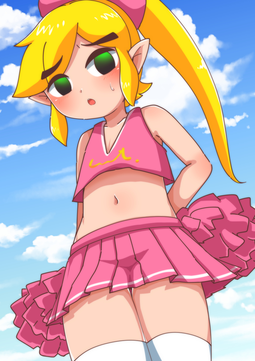 1boy :o absurdres arm_behind_back blonde_hair blue_sky blush bow cheerleader cheerleader_link cloud collarbone crop_top crossdressing day from_below green_eyes hair_bow highres holding holding_pom_poms link long_hair looking_at_viewer male_focus midriff navel nintendo official_alternate_costume open_mouth outdoors papapaimon pink_bow pink_skirt pleated_skirt pointy_ears pom_pom_(cheerleading) pom_poms ponytail sidelocks skirt sky sleeveless solo standing stomach sweatdrop teeth the_legend_of_zelda the_legend_of_zelda:_tri_force_heroes toon_link trap upper_teeth_only v-neck