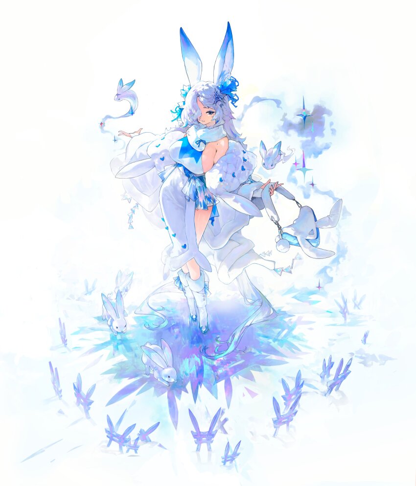 1girl absurdres animal_bag animal_ears bag bare_shoulders blue_eyes blue_hair blue_ribbon boots boridongja breasts dress flower full_body fur_collar fur_trim hair_flower hair_ornament hair_over_one_eye handbag highres holding holding_bag knee_boots large_breasts long_hair looking_at_viewer one_eye_covered original rabbit rabbit_ears rabbit_girl ribbon side_slit sideboob simple_background smile solo standing very_long_hair white_background white_dress white_hair