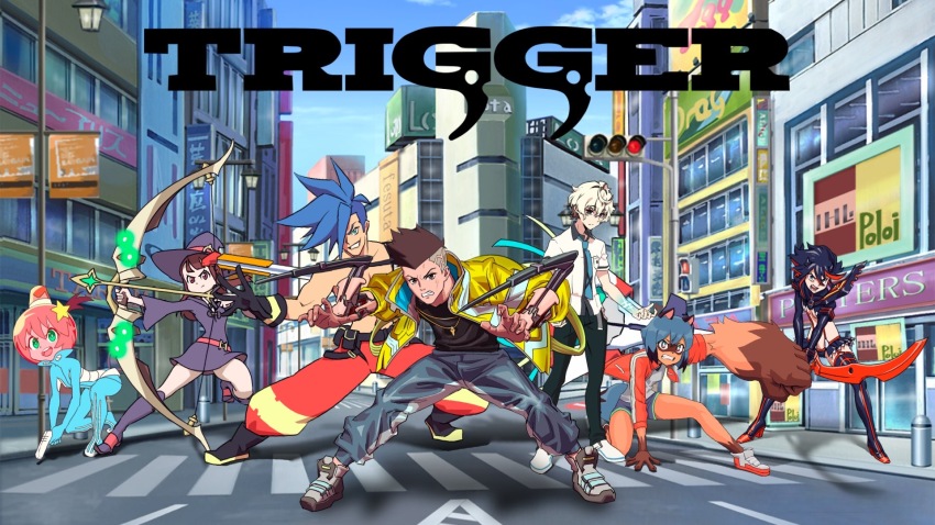 agata_katsuhira brand_new_animal crossover cyberpunk_(series) cyberpunk_edgerunners david_martinez emiladylbekuulu galo_thymos highres kagari_atsuko kagemori_michiru kill_la_kill kiznaiver little_witch_academia logo luluco matoi_ryuuko multiple_crossover non-web_source promare simple_background studio_trigger transparent_background trigger_(company) uchuu_patrol_luluco