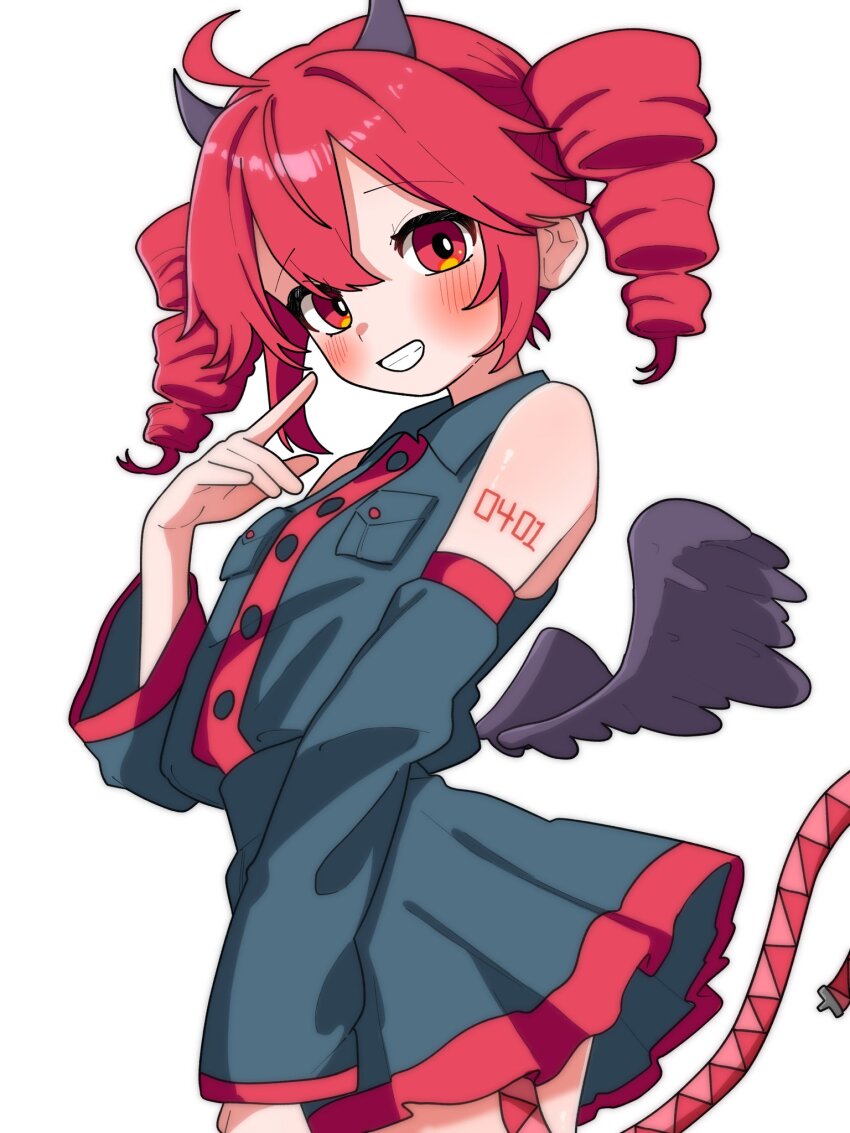 1girl ahoge bare_shoulders blush breast_pocket buttons cowboy_shot detached_sleeves drill_hair from_side grey_shirt grey_skirt grin hand_up haru_maron highres horns kasane_teto kasane_teto_(utau) long_sleeves looking_at_viewer looking_to_the_side miniskirt pocket red_eyes red_hair shirt simple_background skirt sleeveless sleeveless_shirt smile solo standing tail twin_drills utau white_background wings