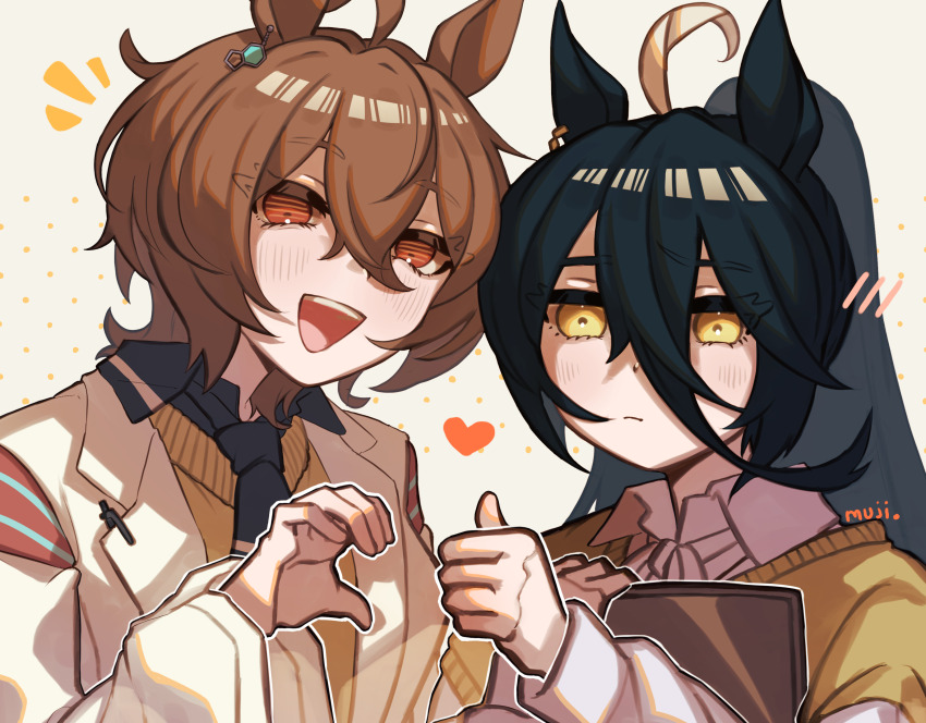 absurdres agnes_tachyon_(umamusume) ahoge black_hair black_necktie black_shirt blush brown_hair chemical_structure coat collared_coat collared_shirt ear_tag earrings hair_between_eyes half-heart_hands heart heart_hands_failure high_ponytail highres huge_ahoge jewelry lab_coat light_frown long_bangs long_hair long_hair_between_eyes long_sleeves manhattan_cafe_(umamusume) medium_hair mujintou_png multicolored_hair necktie open_clothes open_coat open_mouth pen ponytail red_eyes rejection shirt short_necktie simple_background single_earring smile sweater thumbs_up umamusume very_long_hair white_background white_coat white_shirt yellow_eyes yellow_shirt yellow_sweater yuri