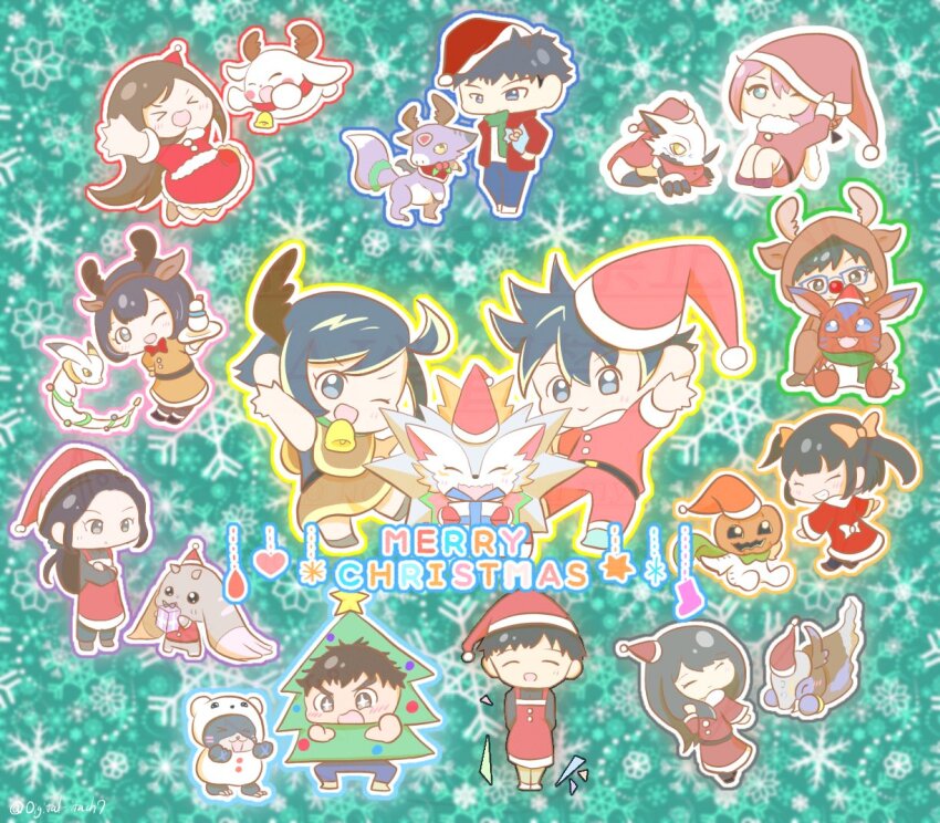 bakumon bearmon black_hair blonde_hair christmas digimon digimon_(creature) digimon_rearise dorumon elecmon female_protagonist_(digimon_rearise) futami_eiji hackmon_(digimon) herissmon hiiragi_takumi kohinata_mayu kudamon_(digimon_savers) lopmon male_protagonist_(digimon_rearise) mon_(digimon_rearise) multicolored_hair natsuyagi_kazuma plotmon pumpmon shinjo_michi shinkai_sara short_hair tamada_keito tamada_nozomi tsukimori_chihiro