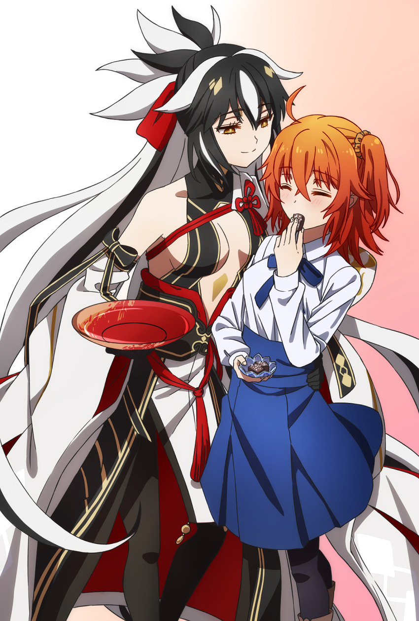 2girls ahoge alcohol armor bare_shoulders black_hair blush breasts center_opening cup fate/grand_order fate_(series) fujimaru_ritsuka_(female) gold_trim halterneck high_ponytail highres japanese_armor long_hair long_sleeves medium_breasts multicolored_hair multiple_girls nagao_kagetora_(fate) oiun one_side_up orange_hair ponytail sakazuki sake smile two-tone_hair uesugi_kenshin_(fate) uesugi_kenshin_(third_ascension)_(fate) very_long_hair white_hair