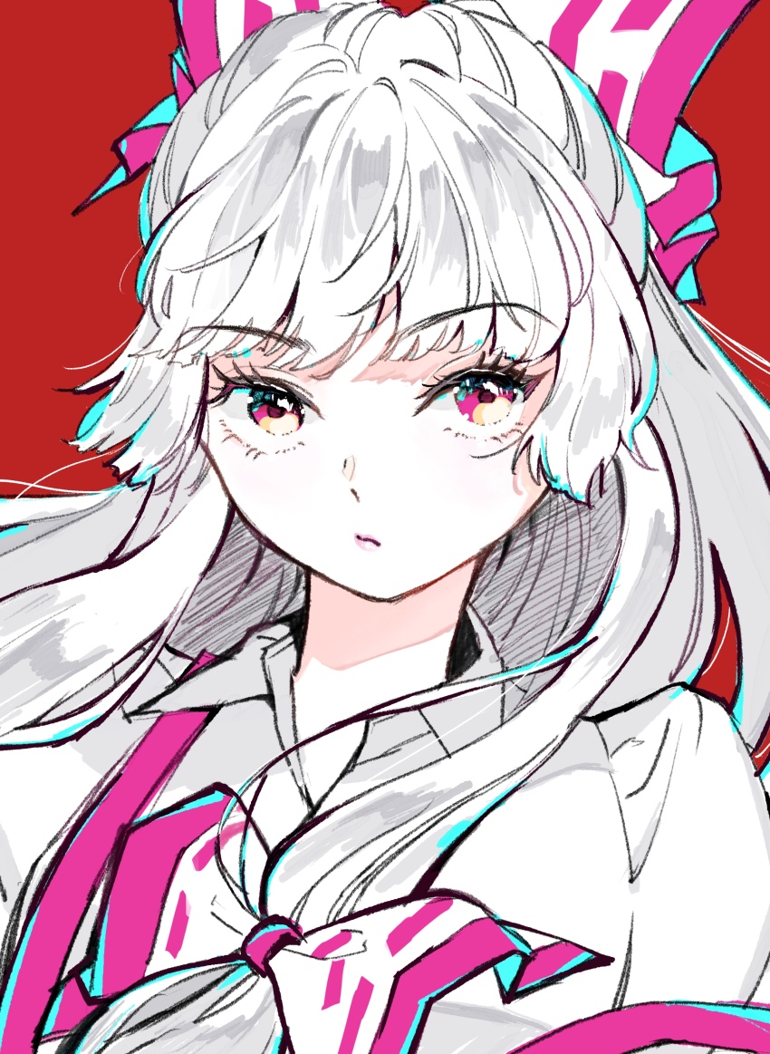 1girl :/ absurdres blunt_bangs bow closed_mouth fujiwara_no_mokou hair_bow highres konruri_blue long_hair pink_trim red_background simple_background solo suspenders touhou very_long_hair white_background white_hair yellow_eyes