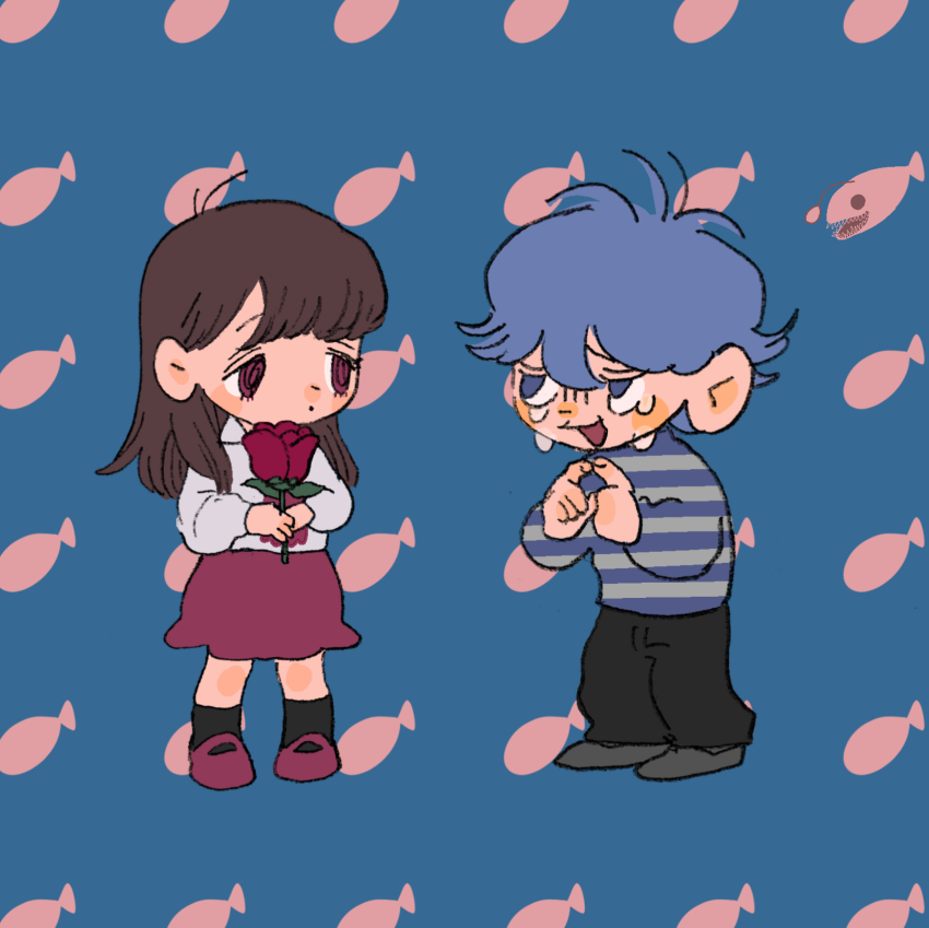 1boy 1girl anglerfish black_pants black_socks blue_background blue_eyes blue_hair brown_hair chibi closed_mouth commentary_request crossover crying dot_mouth expressionless eye_contact fish fish_background flower full_body gloom_(expression) highres holding holding_flower ib_(ib) ib_(kouri) index_fingers_together jack-o&#039;_ran-tan long_hair long_sleeves looking_at_another mary_janes napoli_no_otokotachi odd_one_out oko_da_yo open_mouth pants red_eyes red_flower red_footwear red_rose red_skirt rose sad_smile shirt shoes skirt socks standing striped_clothes striped_sweater sweater tareme unmoving_pattern white_shirt