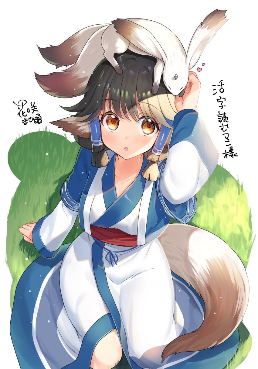 1girl ainu_clothes animal animal_ears aquaplus arm_up aruruu blush breasts commission dress gachatara gradient_eyes gradient_hair grass hanasaki_mahiru highres layered_sleeves long_sleeves looking_at_viewer low_twintails medium_hair multicolored_eyes multicolored_hair open_mouth orange_eyes outdoors raised_eyebrows red_sash sash shiny_clothes sitting skeb_commission small_breasts solo tail thick_thighs thighs translation_request twintails utawarerumono wide_hips wide_sleeves