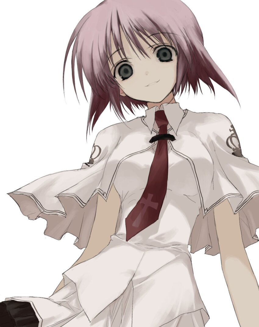 1girl capelet collared_shirt crazy_eyes crazy_smile cross cross_print crown_print frilled_skirt frills grey_eyes highres looking_at_viewer necktie numata_eki otonashi_ayana pink_hair print_capelet print_necktie red_necktie school_uniform shirt short_hair short_sleeves simple_background skirt smile solo straight_hair subarashiki_hibi white_background white_capelet white_shirt white_skirt