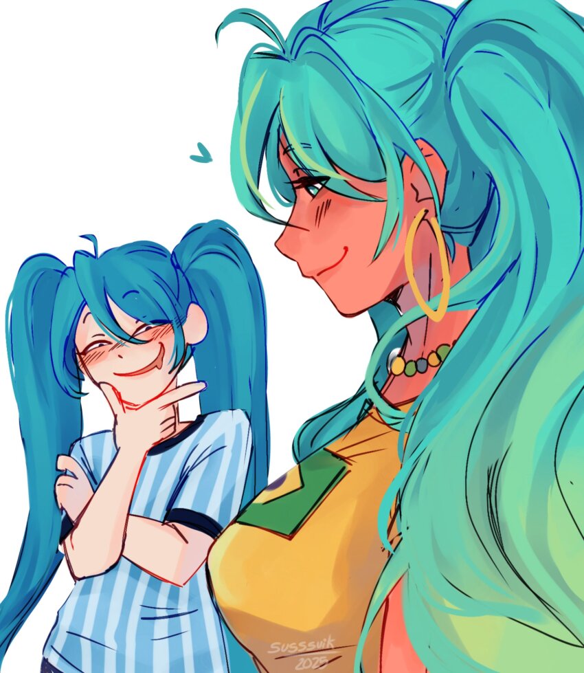 2girls aqua_hair argentina argentinian_flag argentinian_flag_print argentinian_miku bead_choker beads blush brazil brazilian_flag brazilian_flag_print brazilian_miku breasts dark-skinned_female dark_skin dual_persona earrings female_pervert flag_print hair_ornament hatsune_miku highres jewelry large_breasts long_hair multiple_girls pervert selfcest shirt smile susssuik tan twintails vocaloid worldwide_miku yellow_shirt yuri