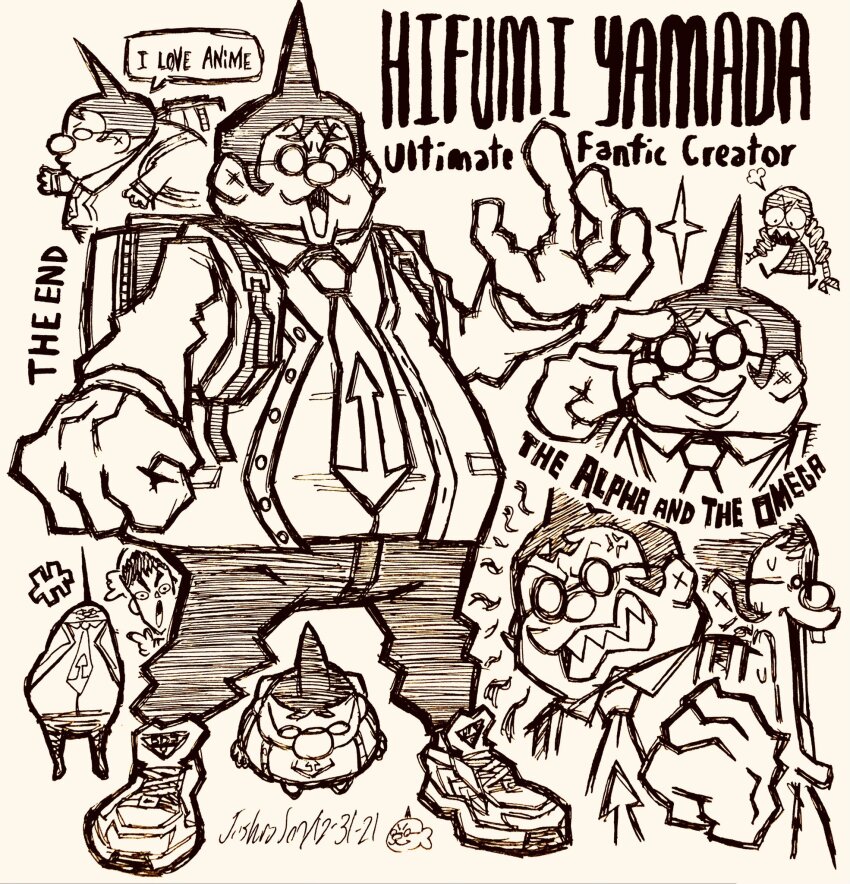+++ 1girl 2boys :3 adjusting_eyewear anger_vein backpack bag braid character_name clenched_hand collared_shirt danganronpa:_trigger_happy_havoc danganronpa_(series) dated doodle_inset english_text fat fat_man from_side fukawa_toko full_body glasses greyscale hand_up hatching_(texture) highres ishimaru_kiyotaka jacket jaw_drop josh-s26 large_hands long_hair long_sleeves male_focus monochrome multiple_boys multiple_views necktie opaque_glasses open_clothes open_jacket open_mouth pants puff_of_air round_eyewear sharp_teeth shirt shoes short_hair signature simple_background speech_bubble standing sweat teeth twin_braids twintails white_background yamada_hifumi