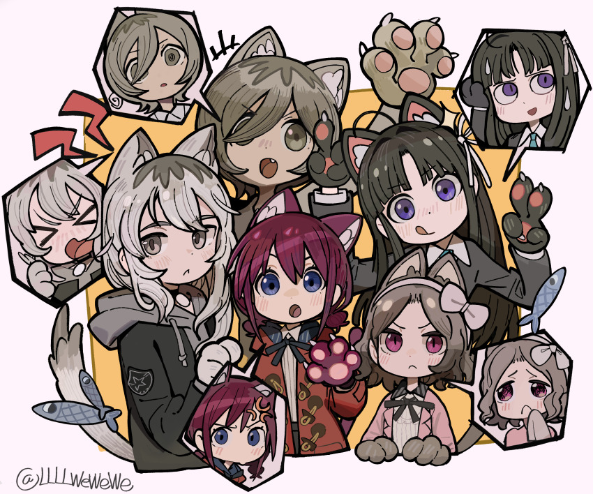 &gt;_&lt; 5girls :&lt; absurdres anger_vein animal_hands awa_subaru black_hair blue_eyes blush brown_eyes brown_hair cat_paw commentary_request deformed ebizuka_tomo fish girls_band_cry grey_hair highres hood hood_down iseri_nina kawaragi_momoka kemonomimi_mode llllwewewe looking_at_viewer multiple_girls neck_ribbon red_eyes red_hair ribbon rupa_(girls_band_cry) speech_bubble spoken_character sweatdrop togenashi_togeari twitter_username