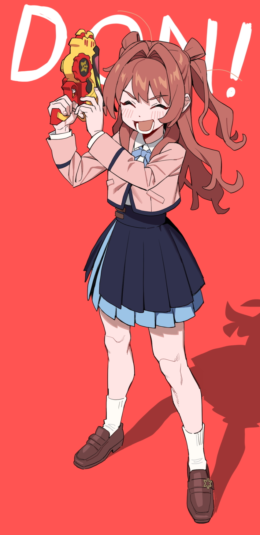 1girl absurdres blue_ribbon blue_skirt blush brown_shoes closed_eyes collared_shirt commentary cyjalway english_commentary full_body gakuen_idolmaster hair_intakes hanami_saki hatsuboshi_gakuen_school_uniform highres holding_toy_gun idolmaster jacket loafers long_hair lower_teeth_only neck_ribbon open_mouth overskirt pink_jacket red_background red_hair ribbon school_uniform shirt shoes skirt socks solo standing teeth toy_gun two_side_up white_shirt white_socks