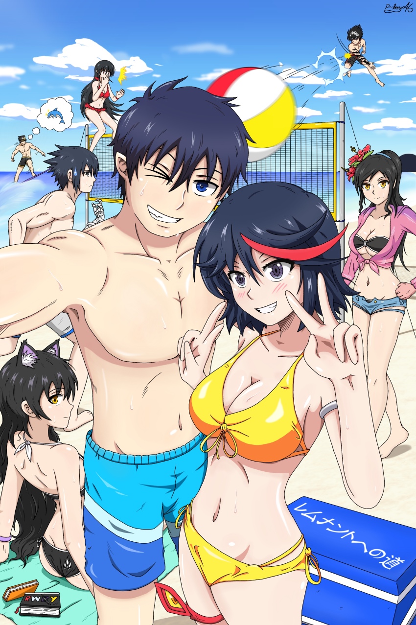 4boys 4girls absurdres akame_(akame_ga_kill!) akame_ga_kill! animal_ears ao_no_exorcist bandaged_arm bandages beach bikini black_eyes black_hair blake_belladonna blue_eyes blue_sky blush breasts cat_ears cleavage cloud crossover day double_v frilled_bikini frills grey_eyes grin hiei highres jojo_no_kimyou_na_bouken kill_la_kill kuujou_joutarou long_hair looking_at_viewer matoi_ryuuko medium_breasts multicolored_hair multiple_boys multiple_girls naruto naruto_(series) naruto_shippuuden navel ocean official_alternate_costume okumura_rin open_mouth outdoors pointy_ears ponytail reaching reaching_towards_viewer red_eyes red_hair reyfearspsychosis rwby sand short_hair side-tie_bikini_bottom sky smile spiked_hair stardust_crusaders streaked_hair swimsuit tagme tales_of_(series) tales_of_berseria tattoo uchiha_sasuke v velvet_crowe very_long_hair water white_bikini yellow_eyes yuu_yuu_hakusho