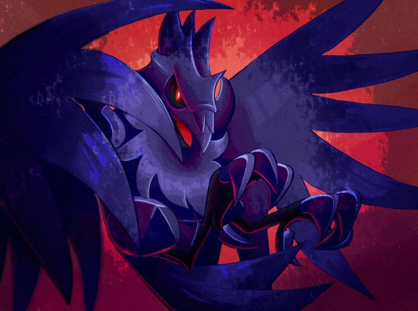 abstract_background animal_focus bird black_sclera bright_pupils chest_fluff colored_sclera commentary corviknight crow dynamic_pose english_commentary evilsonic2 flying foreshortening frown full_body game_freak gen_8_pokemon glowing glowing_eyes highres looking_at_viewer metal metal_skin midair nintendo no_humans open_mouth pokemon pokemon_(creature) red_background red_eyes red_light slit_pupils solo spread_wings talons three_quarter_view tongue vignetting white_pupils