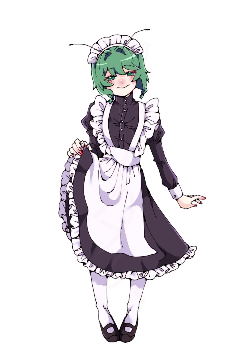 1girl alternate_costume antennae apron black_dress black_shoes blush bobotatamu buttons closed_mouth curtsey dress enmaided fingernails frilled_apron frilled_dress frills full_body green_eyes green_hair highres juliet_sleeves long_sleeves looking_at_viewer maid maid_headdress mary_janes pantyhose pigeon-toed puffy_sleeves shoes short_hair simple_background smile solo standing touhou white_apron white_background white_pantyhose wriggle_nightbug