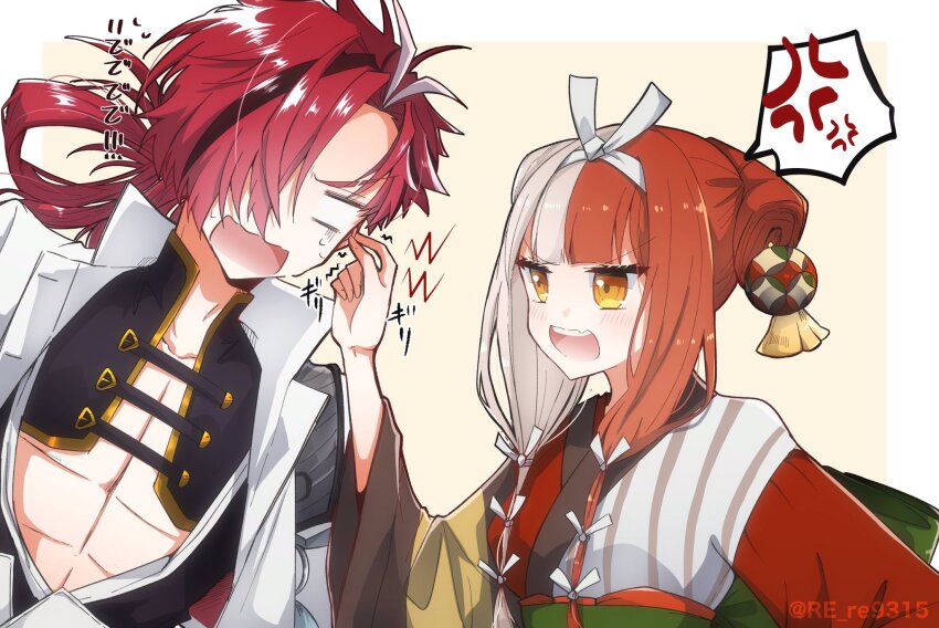 1boy 1girl anger_vein artist_name blunt_bangs brown_hair fate/grand_order fate_(series) grabbing_another&#039;s_ear grey_hair hair_ribbon hand_on_another&#039;s_ear highres izumo_no_okuni_(fate) jacket long_hair multicolored_hair open_mouth pectorals re_re9315 red_hair ribbon split-color_hair spoken_anger_vein takasugi_shinsaku_(fate) teeth twitter_username two-tone_hair upper_body upper_teeth_only white_jacket white_ribbon yellow_eyes