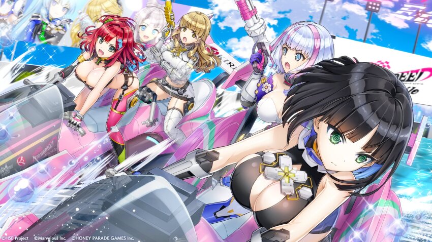 4girls asymmetrical_gloves asymmetrical_legwear ayato_utae bikini black_hair blonde_hair blue_eyes blue_sky breasts cleavage cloud dolphin_wave eines_(dolphin_wave) elbow_gloves gloves green_eyes hair_ornament hairclip highres holding holding_water_gun jet_ski kukuri_tomo large_breasts long_hair looking_at_another miniskirt multicolored_hair multiple_girls official_art ootomo_takuji purple_hair red_hair sakimiya_iruka short_hair side_ponytail skirt sky swimsuit symbol-shaped_pupils water_gun watercraft wavy_hair yellow_eyes
