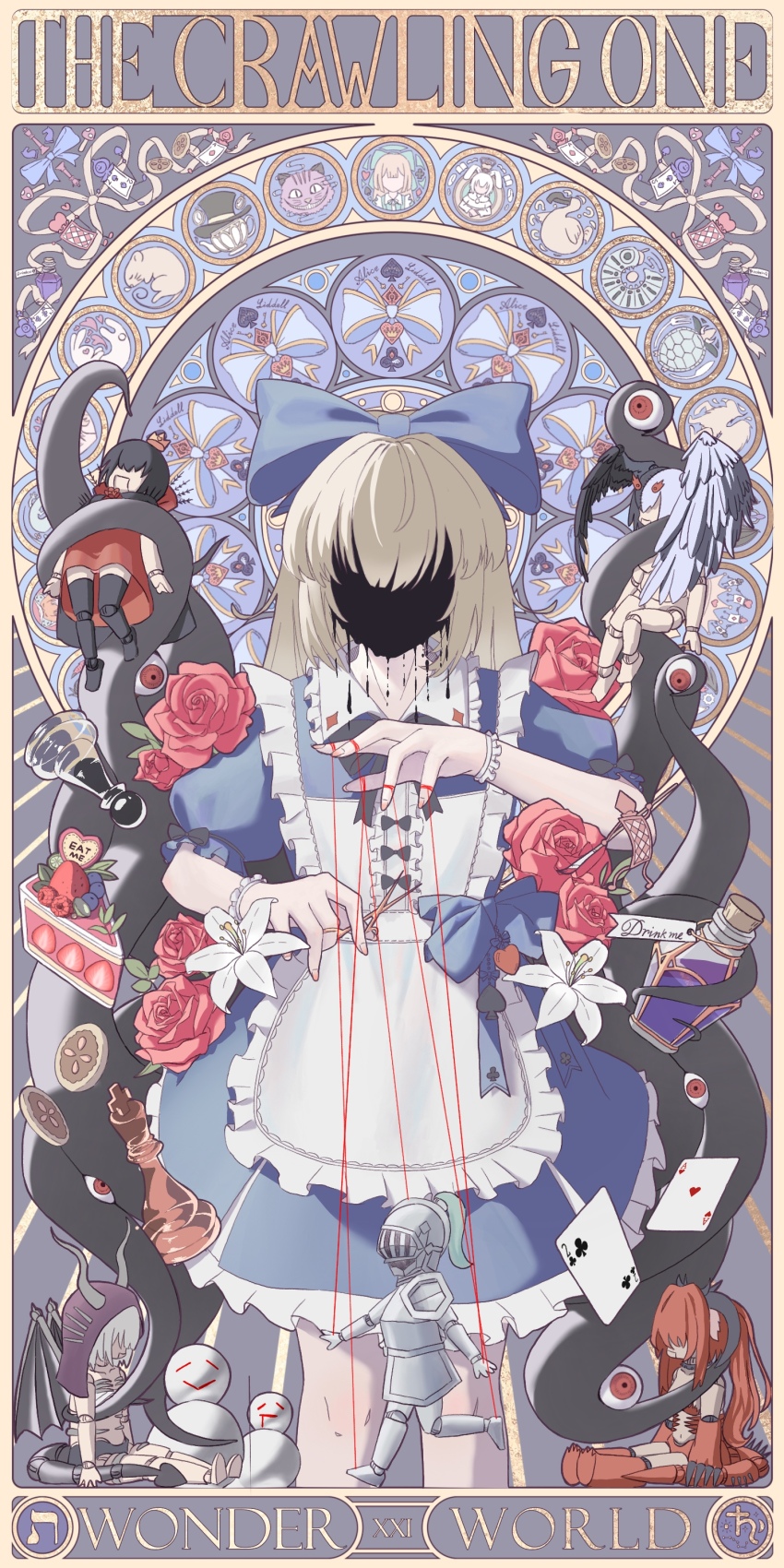 1girl absurdres ace_(playing_card) ace_of_diamonds ace_of_hearts alice_(black_souls) animalization apron armor bandersnatch_(black_souls) black_liquid black_souls black_souls_2 blue_bow blue_dress blueberry bow cake cake_slice card character_name cheshire_cat_(black_souls) chess_piece chxulozsx club_(shape) collared_dress cookie covered_face cowboy_shot crown diamond_(shape) dodo_(black_souls) dormouse_(black_souls) dress drink_me_potion eat_me flower food frilled_apron frilled_dress frills fruit griffy_(black_souls) grimm_(black_souls) hair_bow hands_up head_wings heart highres holding holding_scissors ink jabberwock_(black_souls) jewelry king_(chess) lily_(flower) lorina_(black_souls) march_hare_(black_souls) margaret_von_tyrol_(black_souls) mock_turtle_(black_souls) mushroom node_(black_souls) playing_card puppet puppet_rings puppet_strings queen_(chess) raspberry red_flower red_rose ring rose saturn_symbol scissors shisha_(black_souls) snowman solo spade_(shape) spoilers strawberry tarot tentacles the_world_(tarot) two_of_clubs two_of_spades waist_bow white_apron white_flower wings wrist_cuffs