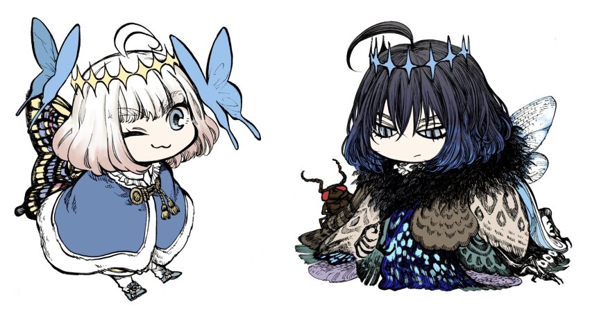 2boys black_hair blue_eyes bug butterfly butterfly_wings centipede dual_persona fate/grand_order fate_(series) hair_between_eyes highres insect insect_wings mame_nabe_donko multiple_boys oberon_(fate) oberon_(first_ascension)_(fate) oberon_(third_ascension)_(fate) short_hair smile white_hair wings