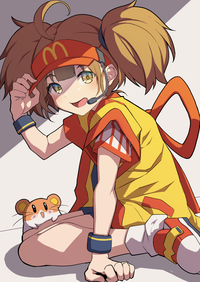 1girl :d animal arm_up black_necktie black_shorts brown_eyes brown_hair commentary_request creek_(moon-sky) from_side grey_background hand_on_headwear hat headset highres imadake_dabuchi_tabemi jacket looking_at_viewer mcdonald&#039;s necktie open_clothes open_jacket open_mouth red_hat red_shoes shirt shoes shorts smile socks solo striped_clothes striped_shirt twintails vertical-striped_clothes vertical-striped_shirt visor_cap white_socks yellow_jacket