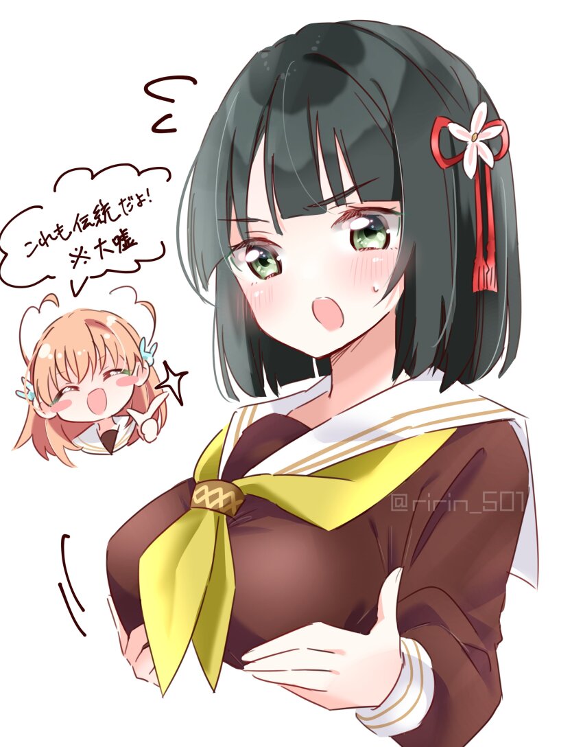 2girls :d :o ^_^ absurdres black_hair blunt_bangs blunt_ends blush bob_cut breasts brown_dress closed_eyes commentary cropped_torso crossed_bangs dress finger_gun flower flower_knot flying_sweatdrops grabbing_own_breast green_eyes hair_flower hair_ornament hasu_no_sora_school_uniform highres hinoshita_kaho link!_like!_love_live! long_sleeves looking_at_viewer love_live! medium_hair meme momose_ginko multiple_girls neckerchief next_time_you&#039;re_getting_this_(meme) open_mouth orange_hair rabbit_hair_ornament ririn_(ririn_501) sailor_collar sailor_dress school_uniform short_hair simple_background smile speech_bubble translated two_side_up v-shaped_eyebrows virtual_youtuber white_background white_sailor_collar winter_uniform yellow_neckerchief
