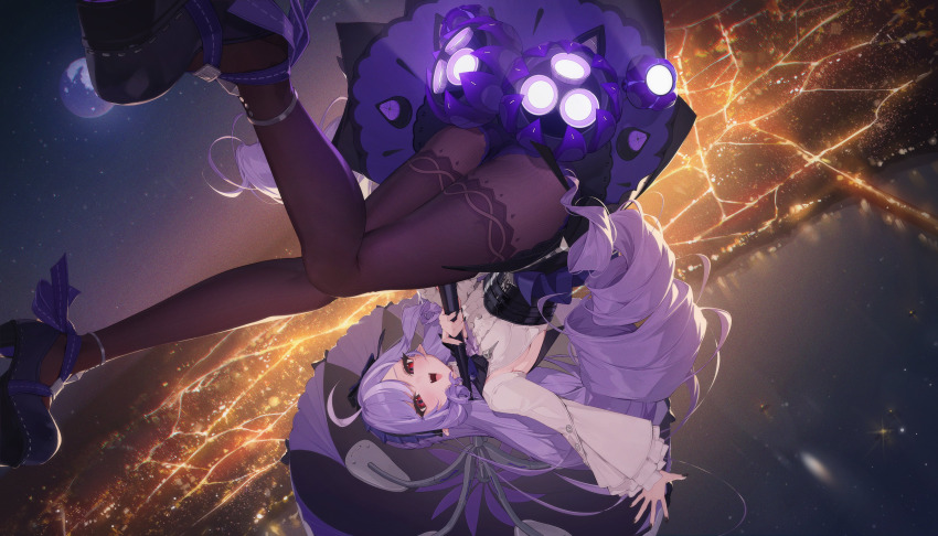1girl absurdres ahoge black_pantyhose black_shoes drill_hair highres holding holding_umbrella long_hair long_sleeves looking_at_viewer mole mole_under_eye monoco55 multicolored_hair open_mouth pantyhose parasol patterned_legwear pointy_ears purple_hair red_eyes shirt shoes short_hair smile solo streaked_hair thrusters umbrella upside-down vivian_(zenless_zone_zero) white_hair white_shirt zenless_zone_zero