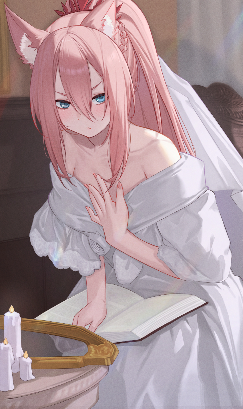 1girl absurdres animal_ear_fluff animal_ears aqua_eyes blush book candle character_request closed_mouth collarbone dress fingernails hair_between_eyes high_ponytail highres kiyoi_(gyhw8444) long_hair looking_at_viewer mirror nail_polish off-shoulder_dress off_shoulder open_book pink_hair pink_nails ponytail shionne_(tales) solo tales_of_(series) tales_of_arise white_dress