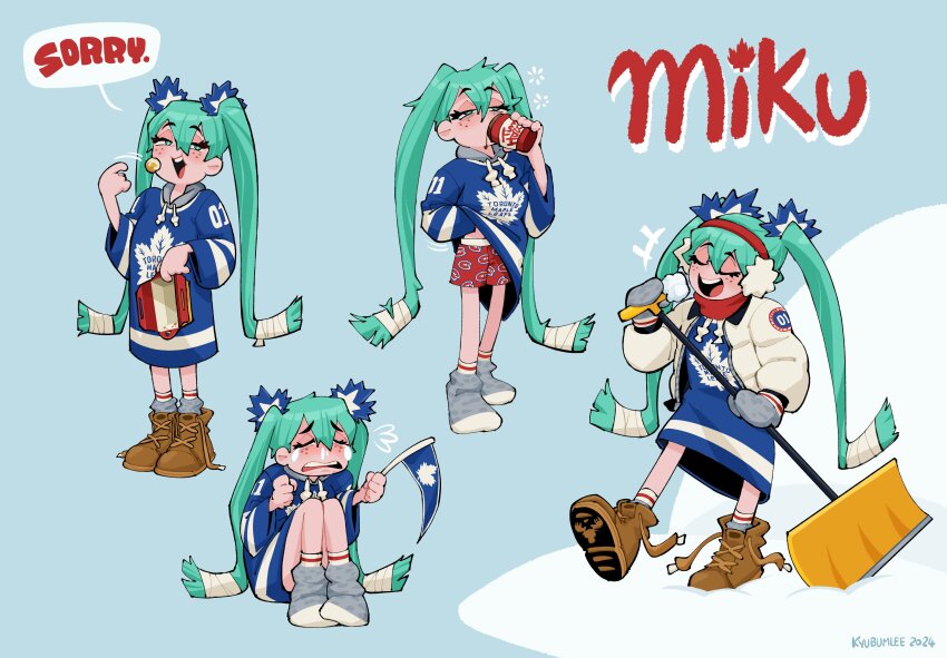 1girl :d absurdres alternate_costume aqua_eyes aqua_hair artist_name bandages blue_background boots boxers brown_footwear closed_eyes coat coffee commentary crying cup dated disposable_coffee_cup disposable_cup drawstring eating english_commentary english_text food freckles full_body furrowed_brow grey_mittens grey_socks hair_ornament hatsune_miku highres hood hood_down jersey knees_to_chest kyu-bum_lee leaf_hair_ornament long_hair long_sleeves male_underwear mittens multiple_views music national_hockey_league no_shoes open_mouth oversized_clothes oversized_shirt red_male_underwear runny_nose shirt shovel singing sitting smile snot snow_shovel socks speech_bubble standing tim_hortons toronto_maple_leafs twintails underwear untied_shoelaces vocaloid white_coat worldwide_miku