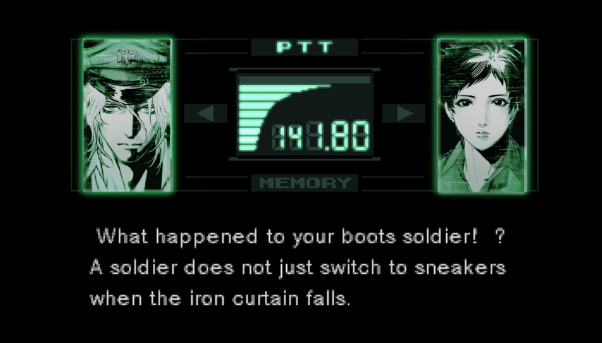 2boys black_background closed_mouth codec_call commentary english_text eriurias73 fake_screenshot fear_&amp;_hunger fear_&amp;_hunger_2:_termina hat highres jumpsuit levi_(fear_&amp;_hunger) looking_at_viewer metal_gear_(series) metal_gear_solid military_hat multiple_boys parody pav_(fear_&amp;_hunger) seven-segment_display short_hair