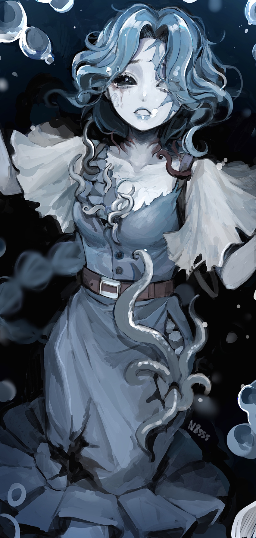1girl absurdres air_bubble artist_name belt black_sclera blue_dress blue_hair blue_lips braid braided_ponytail bubble colored_sclera cracked_skin dress grace_(identity_v) highres hoge_(n8sss) identity_v long_hair mismatched_sclera monster_girl no_pupils open_mouth pale_skin scar scar_across_eye scar_on_face short_sleeves single_braid solo tentacles torn_clothes torn_sleeves underwater very_long_hair white_sleeves