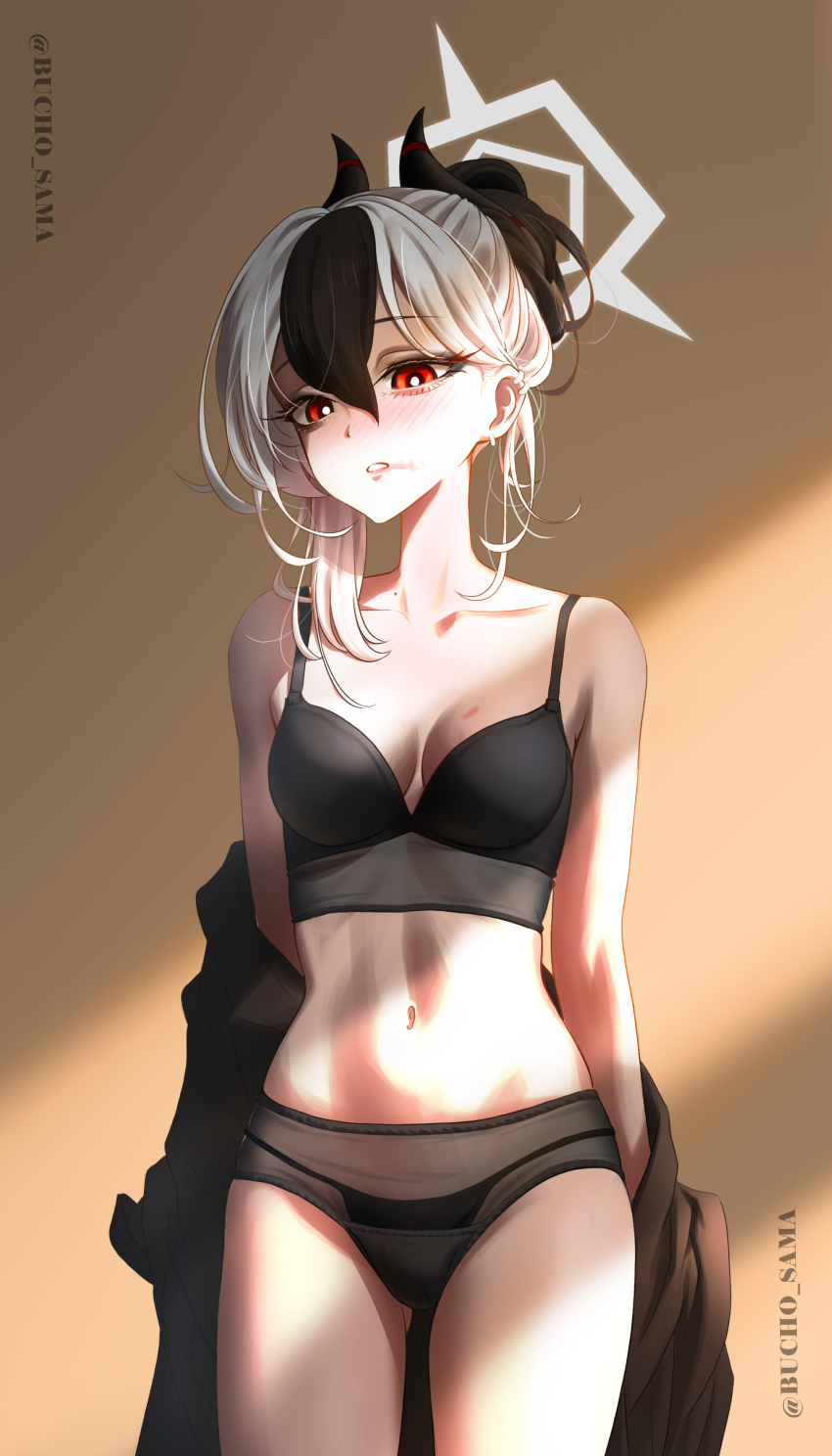 1girl absurdres black_bra black_hair black_horns black_panties blue_archive bra bucho_sama collarbone cowboy_shot demon_horns ear_piercing earclip grey_halo halo highres horns kayoko_(blue_archive) looking_at_viewer mole mole_on_collarbone mole_on_neck multicolored_hair navel off_shoulder panties piercing solo two-tone_hair underwear underwear_only white_hair