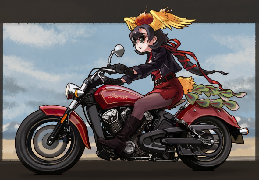 1girl absurdres belt black_gloves black_hair black_jacket boots dress gloves hair_ornament hi_no_tori_(kemono_friends) highres jacket kemono_friends kemono_friends_3 long_hair motor_vehicle open_mouth pantyhose red_dress ribbon solo sunglasses tail toriny wings