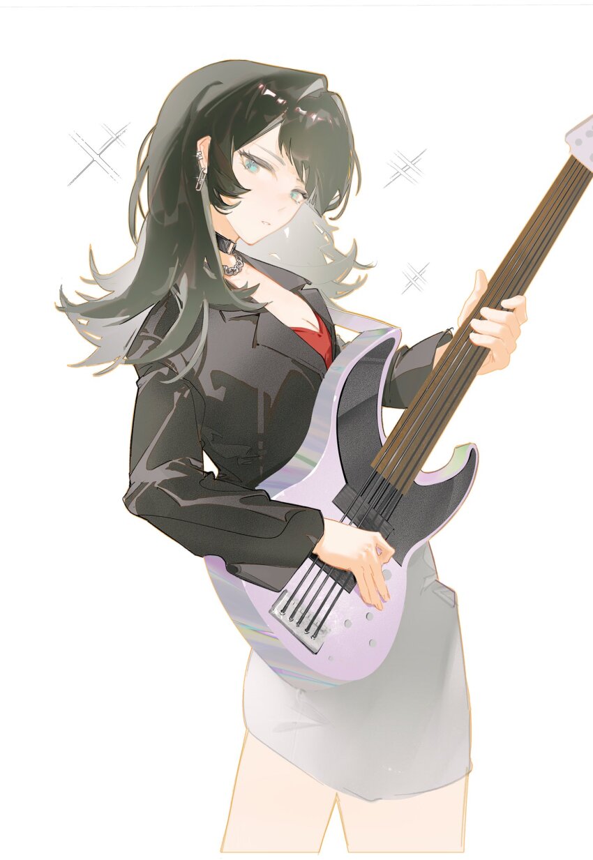 1girl 5-string_bass_guitar bang_dream! bang_dream!_it&#039;s_mygo!!!!! bass_guitar black_choker black_hair black_jacket blue_eyes breasts chain chain_necklace choker cleavage commentary ear_piercing earrings extended_range_bass_guitar grey_skirt hashtag-only_commentary highres instrument jacket jewelry long_hair looking_at_viewer necklace parted_lips piercing red_shirt shirt skirt solo sparkle undersuito50673 yahata_umiri