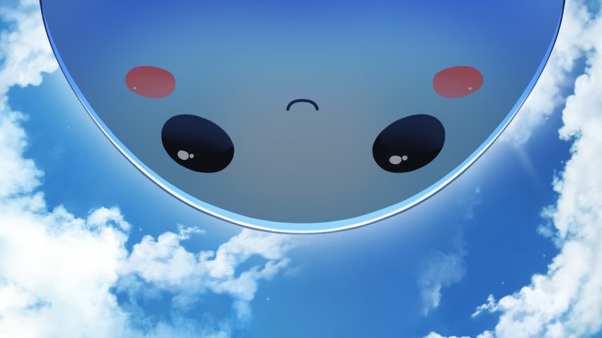 absurdres black_eyes blue_sky blue_theme blush_stickers cloud crystalline day from_below highres looking_down outdoors pango_(crystalline) shadow sky smile solid_circle_eyes sunimu upside-down