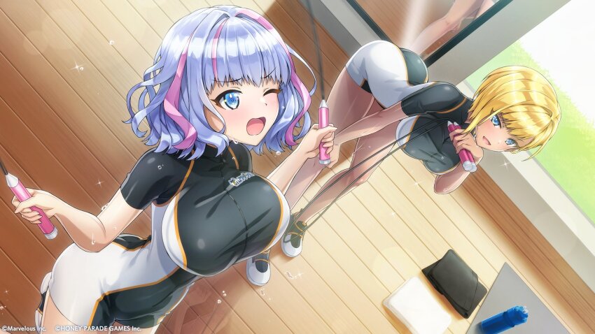 2girls ass bent_over blonde_hair blue_eyes bottle breasts dark-skinned_female dark_skin dolphin_wave highres jump_rope kukuri_tomo large_breasts mirror multicolored_hair multiple_girls murahaya_mashio official_art one_eye_closed ootomo_takuji purple_eyes shoes short_hair skin_tight streaked_hair sweatdrop swept_bangs water_bottle wavy_hair