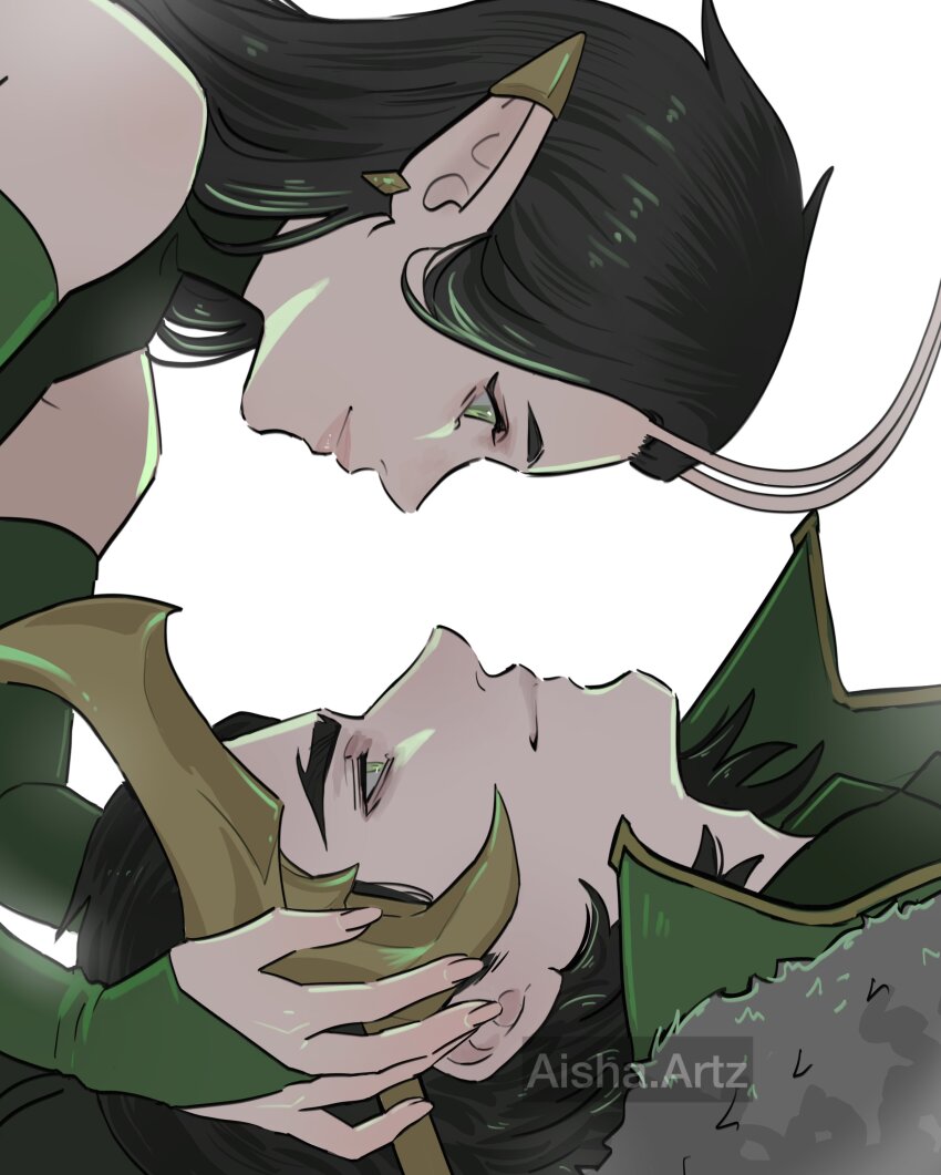 1boy 1girl absurdres alien antennae artist_name artzaisha black_hair bridal_gauntlets commentary couple diamond-shaped_earrings eye_contact fake_horns fur_trim green_bridal_gauntlets green_eyes guardians_of_the_galaxy hair_slicked_back hetero highres horned_headwear horns loki_(marvel) long_hair looking_at_another mantis_(marvel) marvel marvel_rivals pointy_ears profile smile thor_(marvel)_(series) white_background