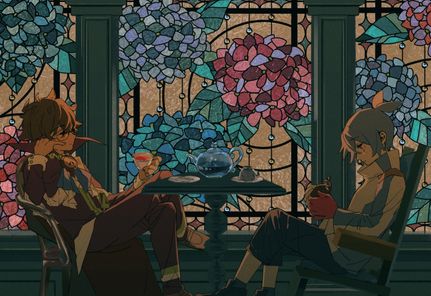 2boys absurdres animal beetle blue_hair blue_pants blue_socks brown_footwear brown_hair bug cape chair clock clock_hands closed_mouth colored_extremities commentary_request crossed_legs cup elbow_rest flower frown glasses hand_on_own_cheek hand_on_own_face highres holding holding_animal holding_cup hydrangea indoors insect jacket klug_(puyopuyo) loafers long_sleeves looking_at_another looking_down male_focus merumerumerume multiple_boys pants ponytail purple_cape purple_pants purple_shirt puyopuyo puyopuyo_fever red_eyes red_hands saucer shirt shoes short_hair sidelighting sig_(puyopuyo) sleeve_cuffs socks stained_glass strange_klug table teacup teapot white_jacket window