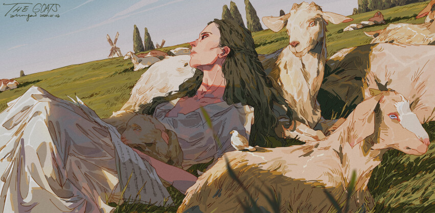 1girl absurdres animal animal_on_stomach artist_name bird black_eyes black_hair blade_of_grass blue_eyes blue_sky blush braid closed_mouth commentary crown_braid cuddling_animal dated dress ear_blush english_commentary english_text feet_out_of_frame from_side frown goat grass green_hair highres hill holding holding_animal horizontal_pupils landscape long_hair lying mouth_blush nose_blush on_back original outdoors sheet_music sitting_on_animal sky white_bird white_dress windmill xi_zhang