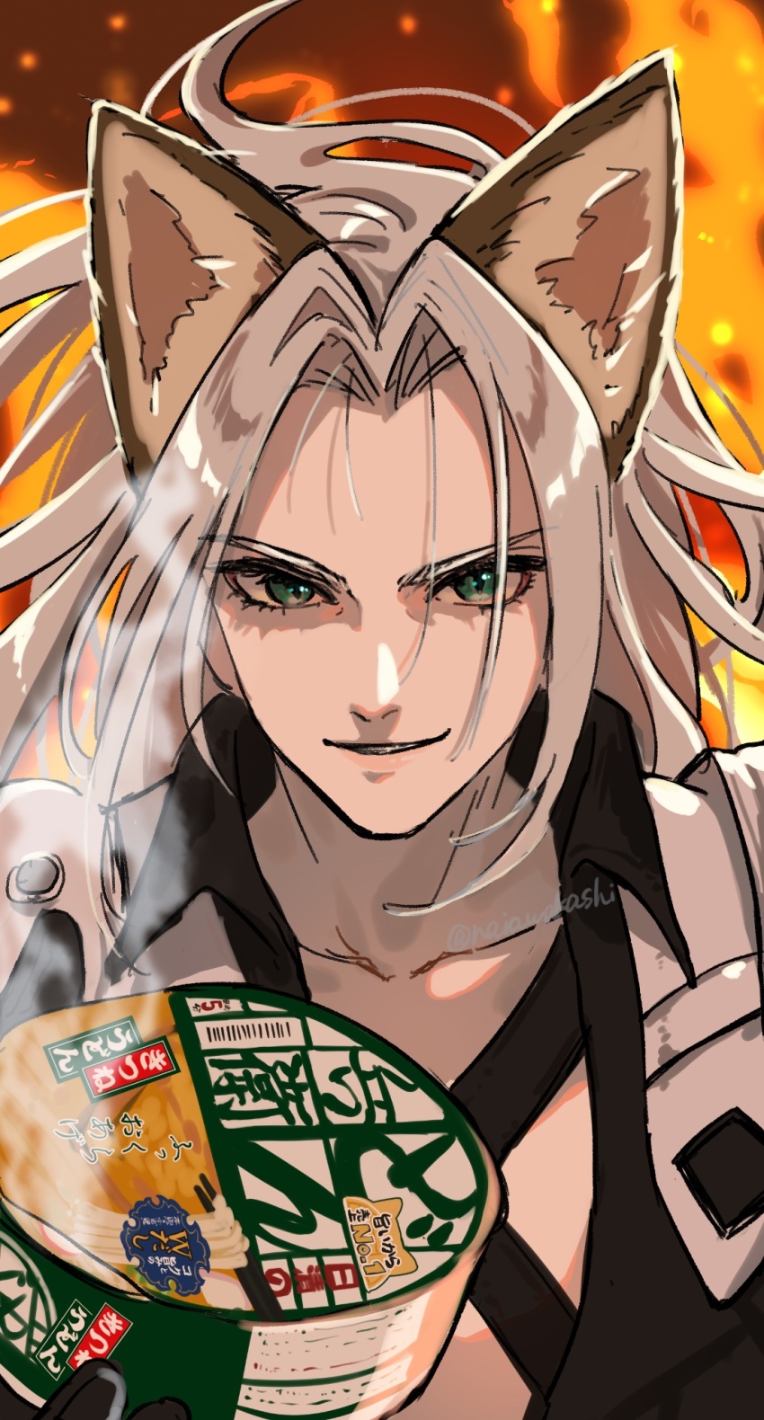 1boy animal_ears armor black_coat black_gloves chest_strap coat commentary_request cup_ramen donbee_(food) donbei_kitsune_udon evil_smile final_fantasy final_fantasy_vii final_fantasy_vii_remake fire food fox_ears gloves green_eyes grey_hair hand_up high_collar highres holding holding_food instant_udon kemonomimi_mode long_bangs long_hair looking_at_viewer male_focus naiawakashi night nissin_donbei noodles open_clothes open_coat outdoors parted_bangs pauldrons sephiroth shoulder_armor smile solo twitter_username udon upper_body