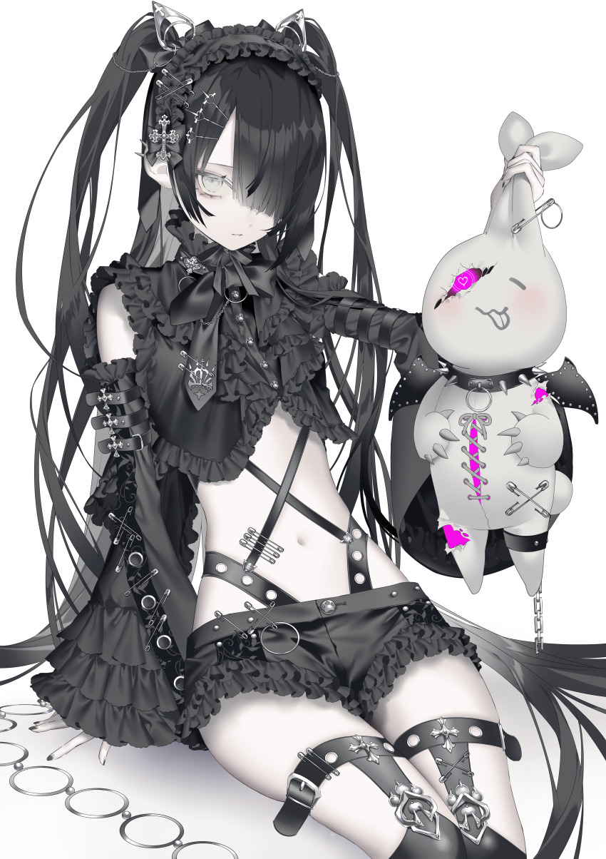 1girl absurdres animal_ears belt black_bow black_hair black_hairband black_nails black_shorts black_sleeves black_thighhighs bow closed_mouth commentary cowboy_shot cross detached_sleeves ear_piercing fake_animal_ears frilled_hairband frilled_shorts frilled_sleeves frills gothic_lolita grey_eyes hair_bow hair_over_one_eye hairband highres holding holding_stuffed_toy kotarou_(kot_mochi) latin_cross lolita_fashion long_hair looking_at_viewer midriff navel one_eye_covered original pale_skin piercing safety_pin short_shorts shorts sitting skinny sleeve_belt solo spiked_ear_piercing stuffed_animal stuffed_rabbit stuffed_toy thigh_belt thigh_strap thighhighs twintails very_long_hair white_background