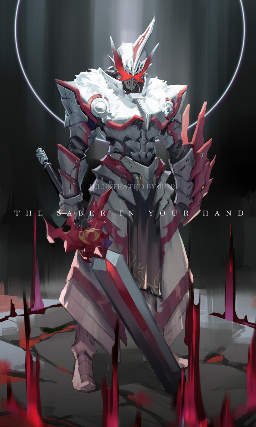 1boy armor artist_name clenched_hand english_text glowing glowing_eyes highres holding holding_sword holding_weapon horns jiuri_jiuhao kamen_rider kamen_rider_saber kamen_rider_saber_(series) kamen_rider_saber_draconic_knight looking_down male_focus power_armor red_eyes single_horn solo standing sword tokusatsu watermark weapon
