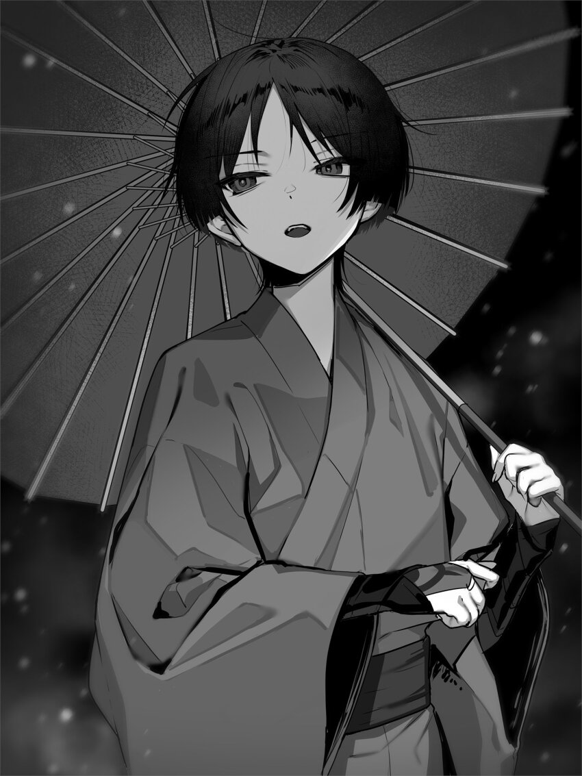 1boy alternate_costume armor belt blunt_ends bridal_gauntlets buku2_suisou clenched_hands genshin_impact highres holding holding_umbrella japanese_armor japanese_clothes jewelry kimono kote long_sleeves loose_hair_strand male_focus middle_ring monochrome oil-paper_umbrella open_mouth parted_bangs ring sash scaramouche_(genshin_impact) snow snowing solo teeth umbrella upper_teeth_only wanderer_(genshin_impact) white_background wide_sleeves