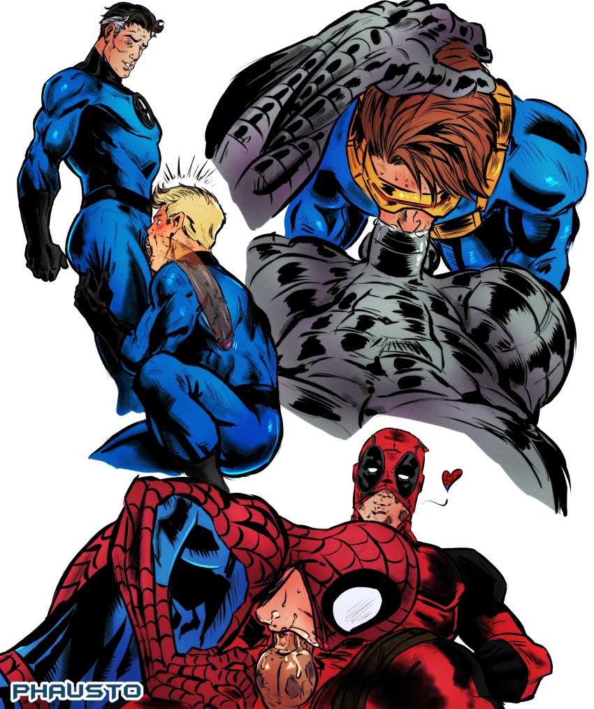 6+boys absurdres artist_name bara black_gloves black_hair blonde_hair blue_bodysuit blue_eyes blush bodysuit brown_hair colossus_(x-men) cyclops_(x-men) deadpool deadpool_(series) deepthroat erection fantastic_four fellatio gloves grey_hair highres johnny_storm large_pectorals male_focus marvel mask mask_lift multiple_boys muscular muscular_male nipples oral pectorals penis peter_parker phausto red_bodysuit reed_richards short_hair spider-man spider-man_(series) squatting teeth two-tone_bodysuit visor x-men yaoi