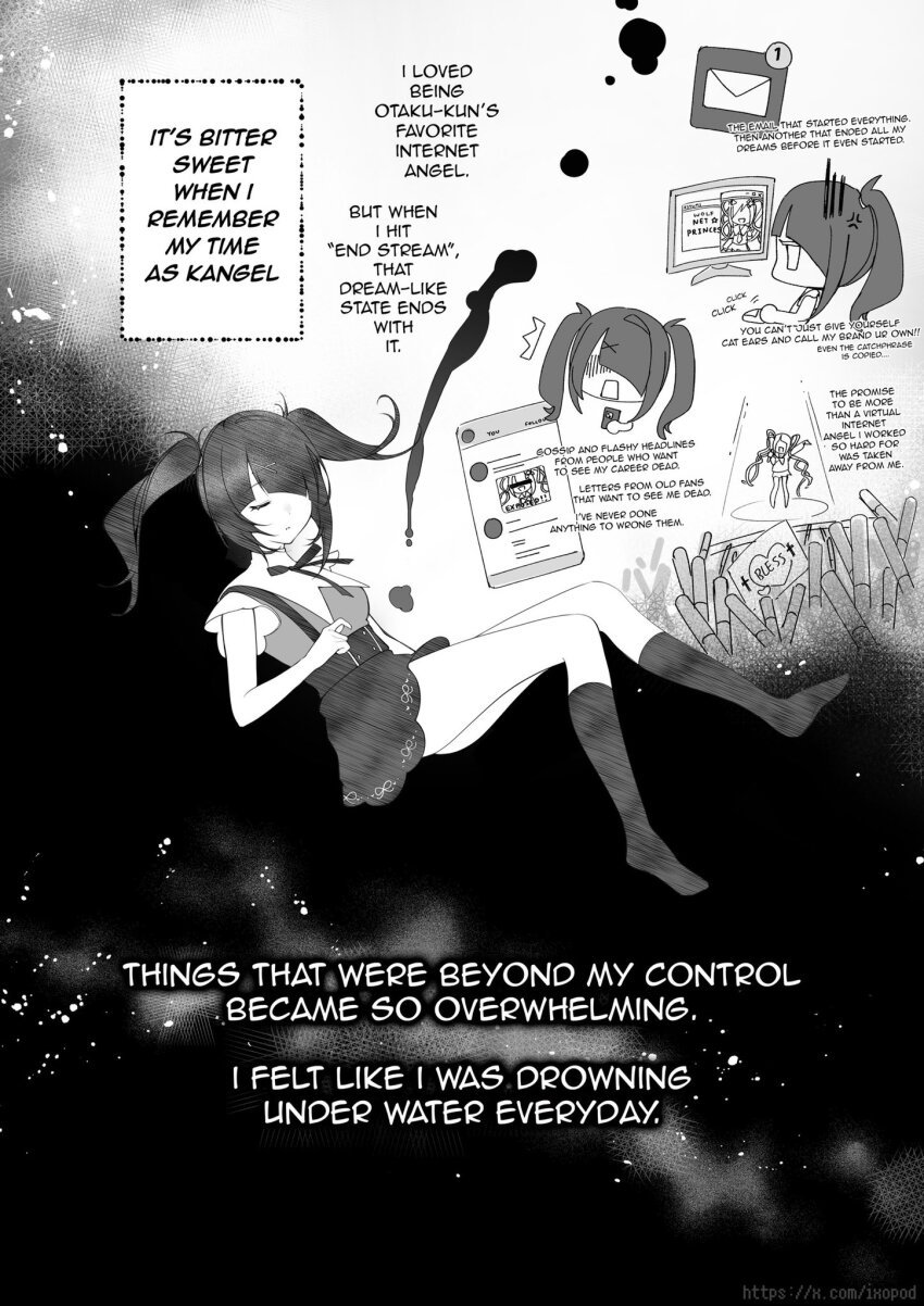 1girl ^^^ ame-chan_(needy_girl_overdose) angry black_hair black_socks cellphone chibi chibi_inset chouzetsusaikawa_tenshi-chan closed_eyes computer_mouse english_text falling full_body greyscale hair_ornament hair_over_one_eye highres holding holding_phone inset_border ixopod light_particles monitor monochrome multiple_views neck_ribbon needy_girl_overdose notification people phone ribbon short_twintails skirt socks suspender_skirt suspenders twintails waving_arms winged_sleeves x_hair_ornament