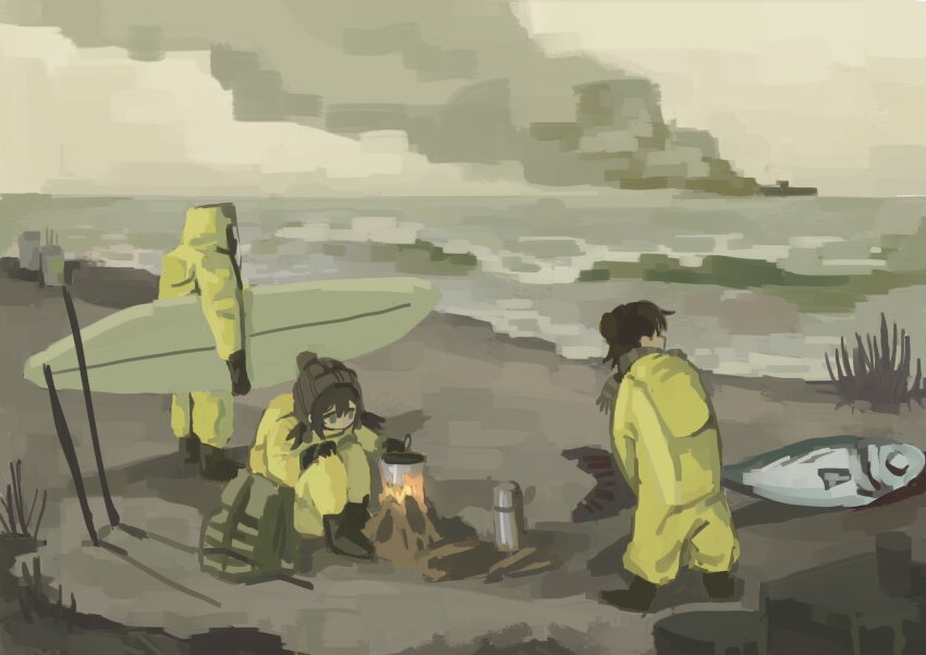 3girls animal beach beanie black_boots black_hair boots campfire cooking_pot dragging fire fish gloves grey_sky hat hazmat_suit highres holding holding_animal holding_fish holding_surfboard horizon multiple_girls no_lineart ocean original outdoors ship sitting sky smoke standing surfboard thermos water watercraft yoruseh
