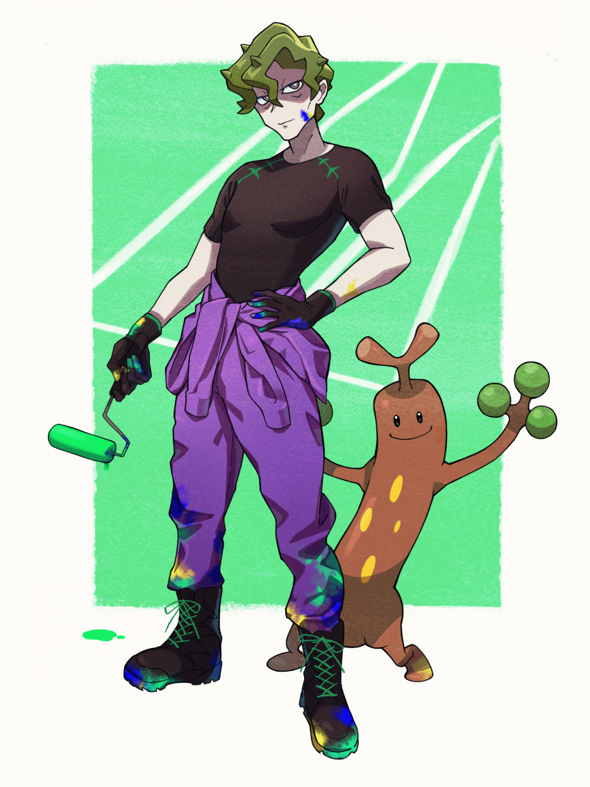 1boy absurdres alternate_costume black_footwear brassius_(pokemon) closed_mouth commentary_request full_body gen_2_pokemon gloves green_background green_hair hand_on_own_hip highres holding male_focus nintendo nori_(hgdm2784) paint_roller paint_splatter paint_splatter_on_face pants pokemon pokemon_(creature) pokemon_sv purple_pants shirt short_hair short_sleeves standing sudowoodo t-shirt
