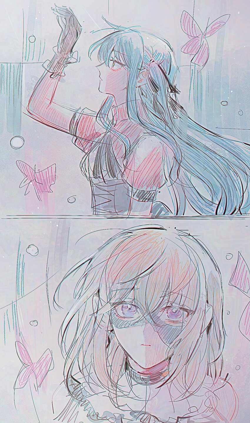2girls arm_up bang_dream! bang_dream!_it&#039;s_mygo!!!!! black_corset black_gloves black_ribbon blonde_hair blue_hair bug butterfly clothing_cutout corset doloris_(bang_dream!) gloves hair_between_eyes hair_ribbon highres insect long_hair maybecrosswise medium_hair misumi_uika multiple_girls oblivionis_(bang_dream!) purple_eyes red_shirt ribbon shirt shoulder_cutout togawa_sakiko yellow_eyes