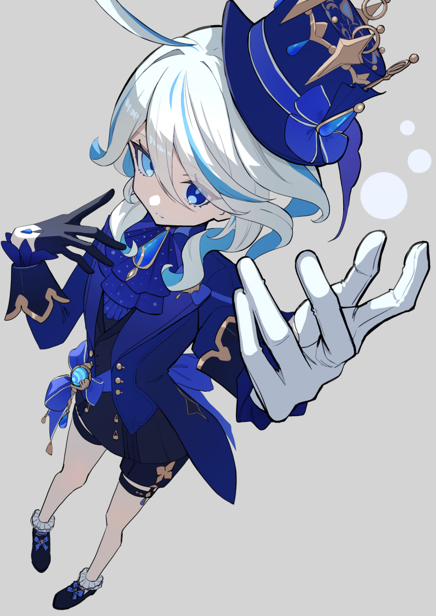 1girl ahoge ascot asymmetrical_gloves black_gloves black_jacket black_shoes black_shorts blue_ascot blue_coat blue_eyes blue_hair blue_hat blue_sash bow brooch coat full_body furina_(genshin_impact) genshin_impact gloves grey_background hair_between_eyes hat hat_bow highres jacket jewelry long_sleeves mismatched_gloves multicolored_hair open_clothes open_coat sash shoes short_hair short_shorts shorts shuvalun8 simple_background solo top_hat two-tone_hair white_gloves white_hair