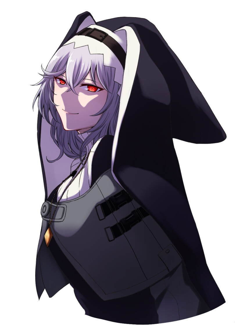 1girl adapted_costume arknights black_dress black_hat closed_mouth commentary cropped_torso dress english_commentary from_behind grey_hair hat highres jewelry long_hair looking_at_viewer medallion necklace red_eyes reizo_ne simple_background smirk solo specter_(arknights) upper_body white_background